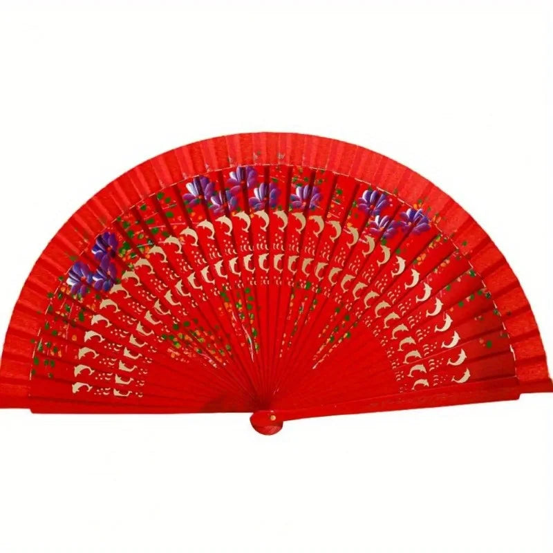 Wooden Spanish Folding Fan – Double-Sided Floral Dance & Decor Decorative Folding Fan Axl red