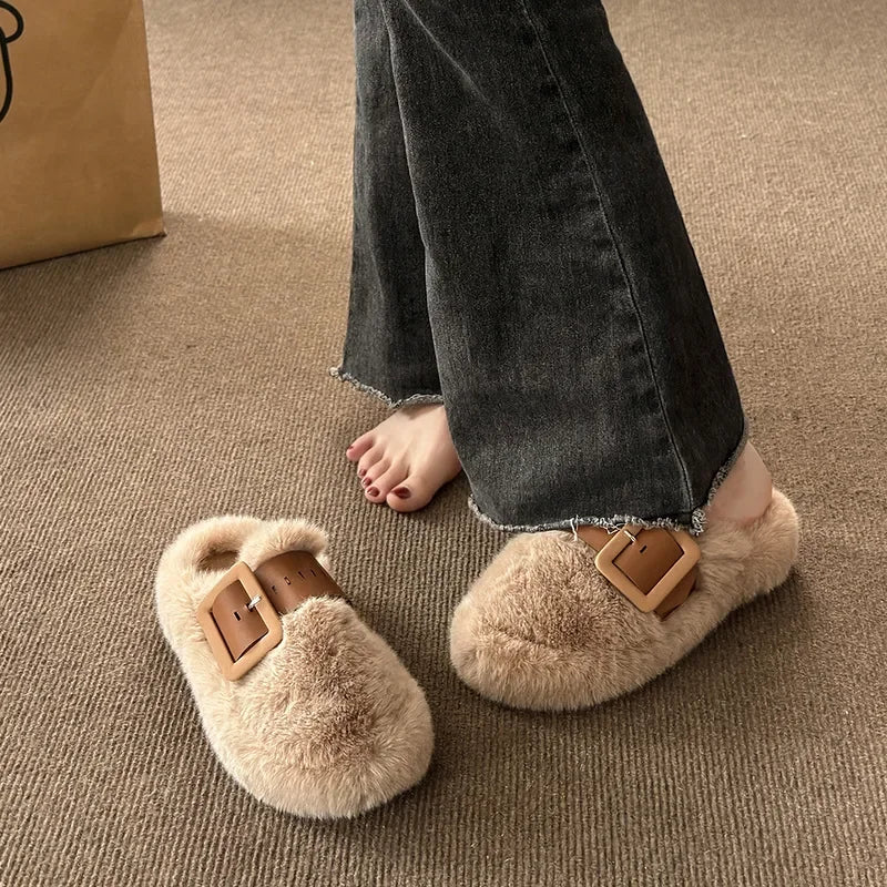 Women's Fluffy Wool Fur Slides – Warm Plush Winter Slippers Fur Mule Slippers Axl