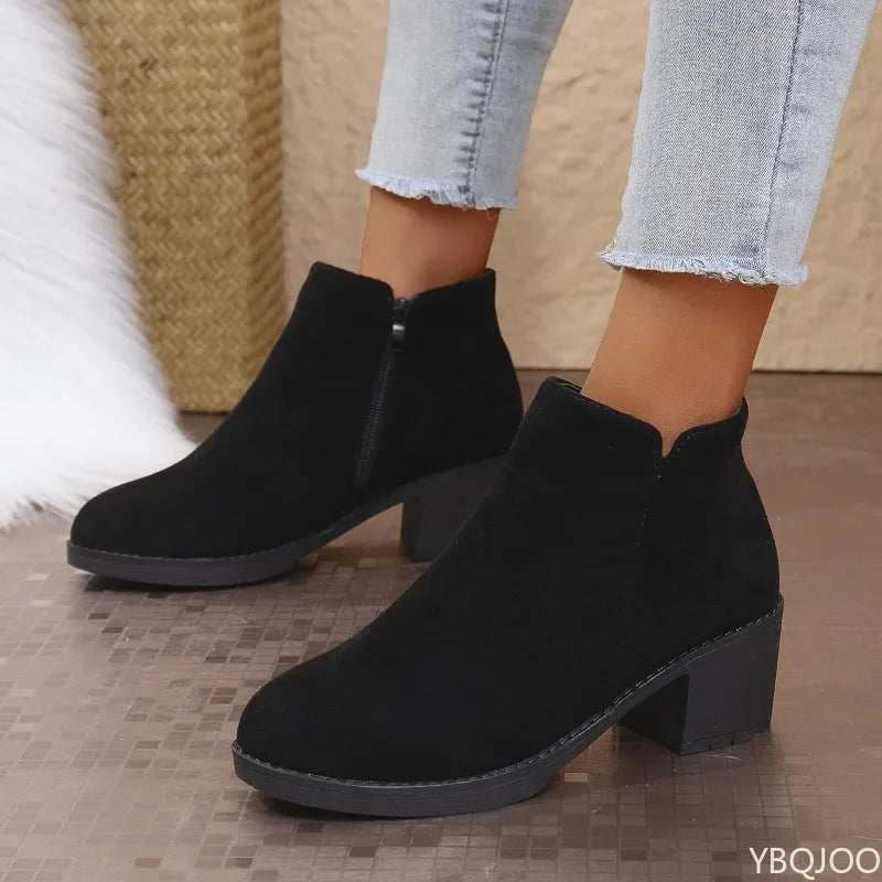 YBQJOO Women's Retro Suede Ankle Boots | Square Heel Zip Women's Ankle Boots Axl