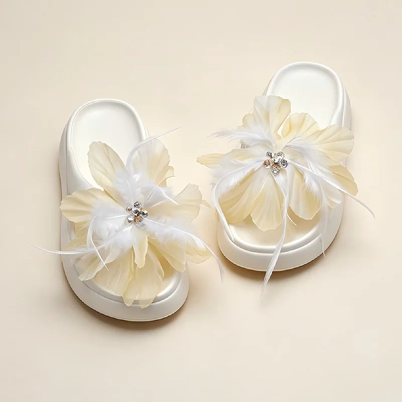 Women's Flower Beaded Slippers – Thick Sole Summer Flat Slides Women's Summer Slippers Axl white 37-38