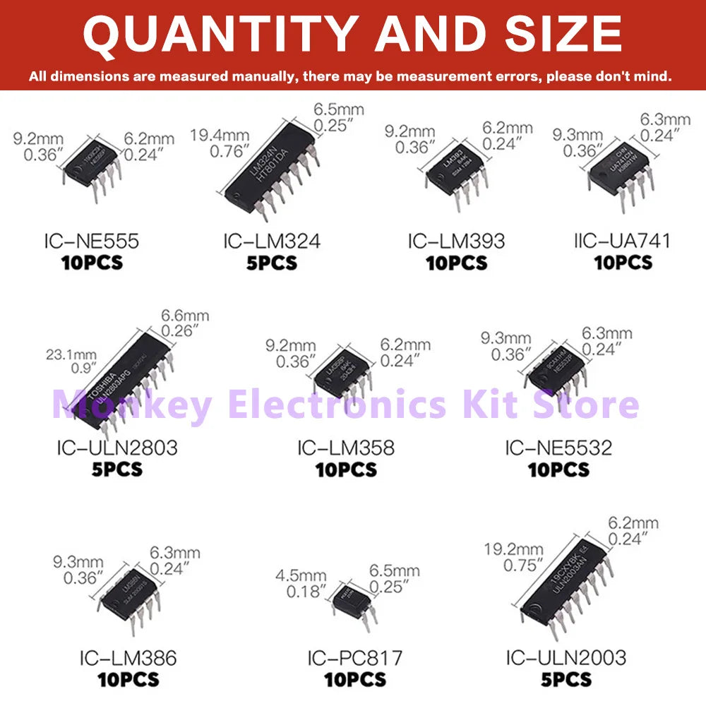 85-Piece IC Chip Kit – NE555 LM324 LM358 DIP Assortment DIY IC Component Kit Axl
