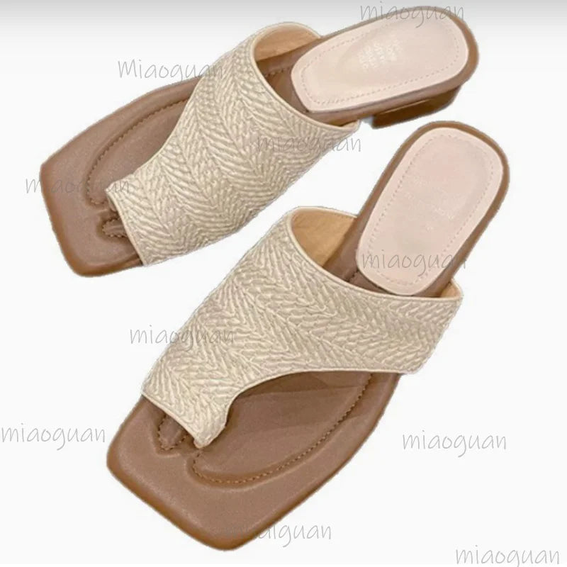 Women's Woven Square Toe Sandals – Low Heel Roman Slip-On Women's Sandals Axl