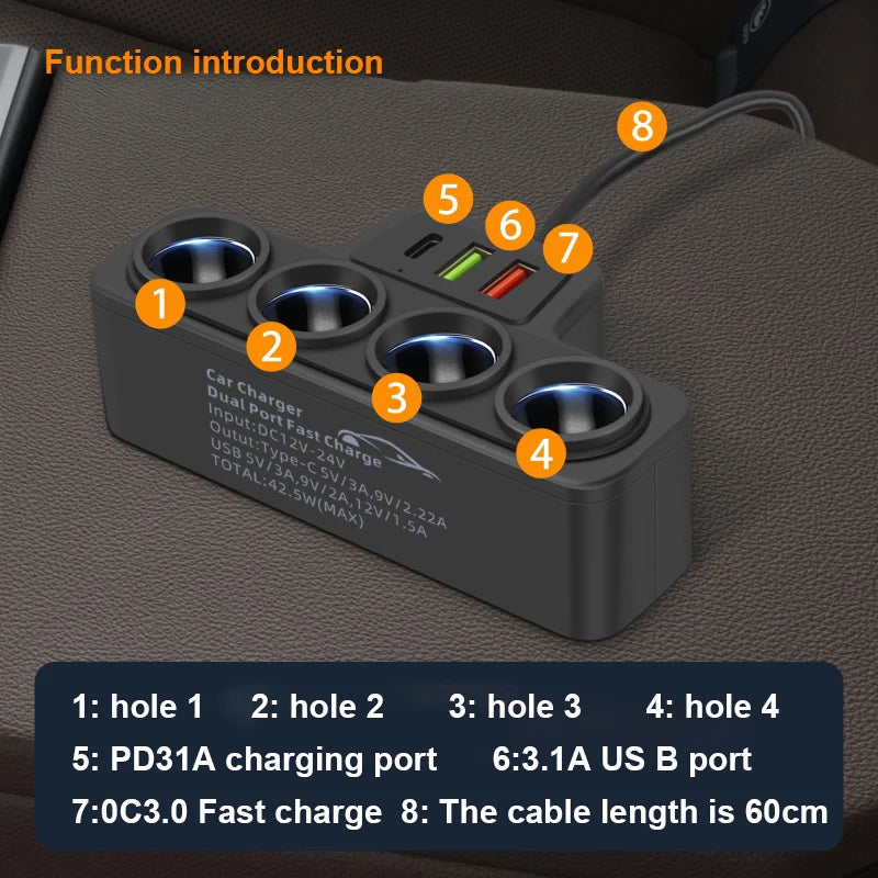 120W 4-Port USB-C Car Charger – Fast Charge iPhone & Android Car USB Charger Axl