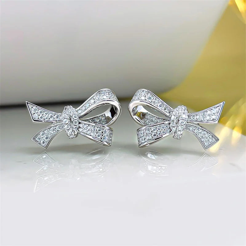 Huitan Silver Bow Stud Earrings – Cubic Zirconia for Women Stud Earrings Axl