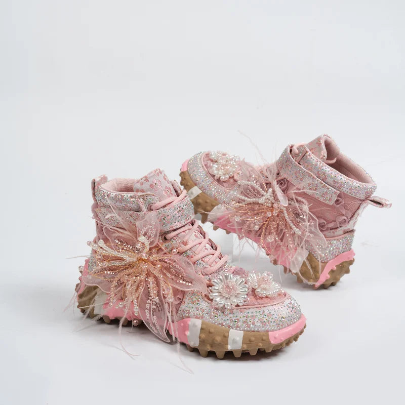 Women's Rhinestone Knitted High-Top Sneaker Boots Thick Sole High-Top Sneaker Boots Axl Pink 36