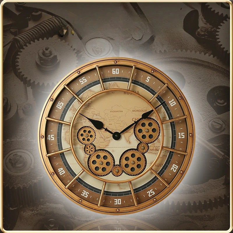 Retro Industrial Gear Wall Clock – Large Silent Décor 45.5cm Decorative Wall Clock Axl Map Style
