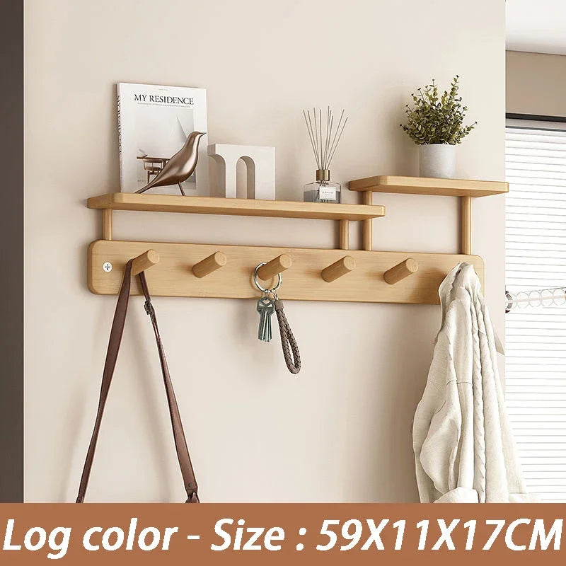 Wall Mounted Bamboo Coat Rack with Shelf & 8 Hooks Wall Coat Rack Axl Log Color-6 Hooks
