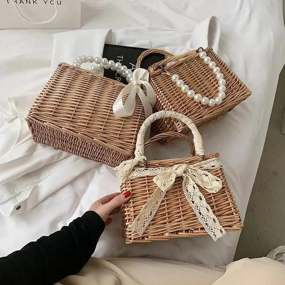 Women's Handmade Straw Woven Crossbody Bag – Floral Basket Purse Woven Crossbody Bag Axl
