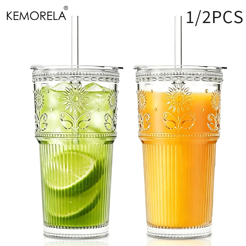 KEMORELA 590ml Sunflower Glass Cups with Lids & Straws Glass Drinkware Set Axl