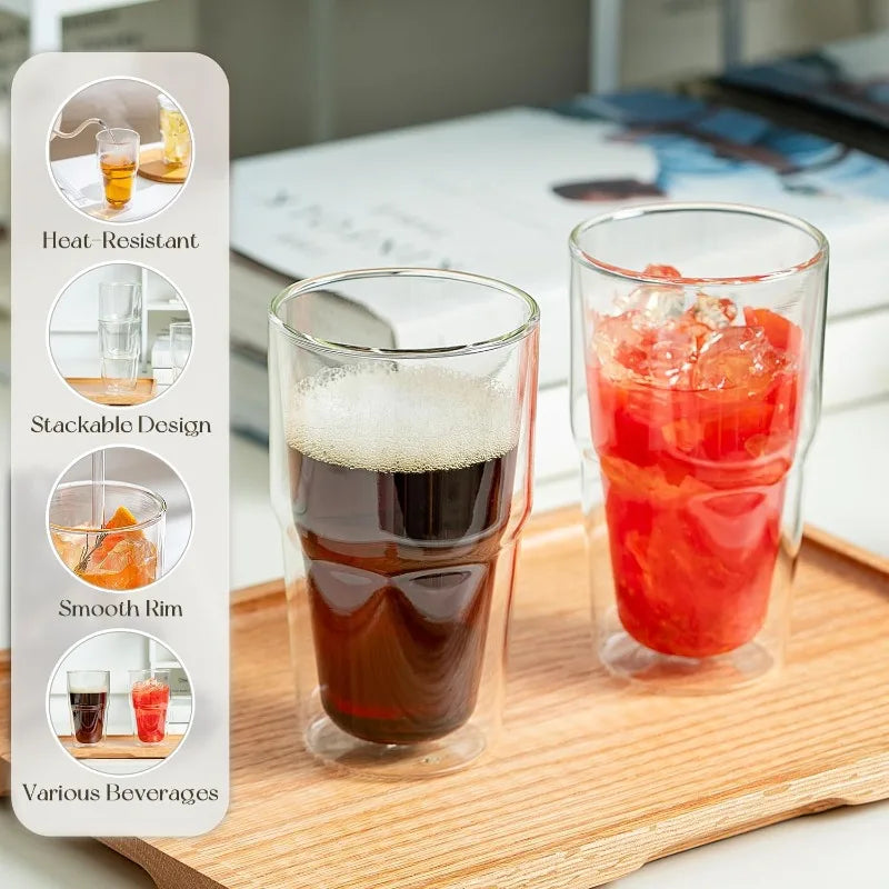 KEMORELA 473ml Double Wall Glass Tumbler Set of 2 | Insulated Glass Tumbler Set Axl