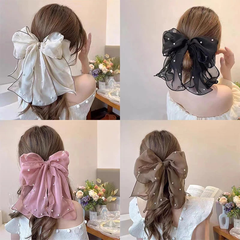 Pearl Bow Hair Clip – Elegant Chiffon Ribbon Barrette for Women Bow Hair Clip Axl