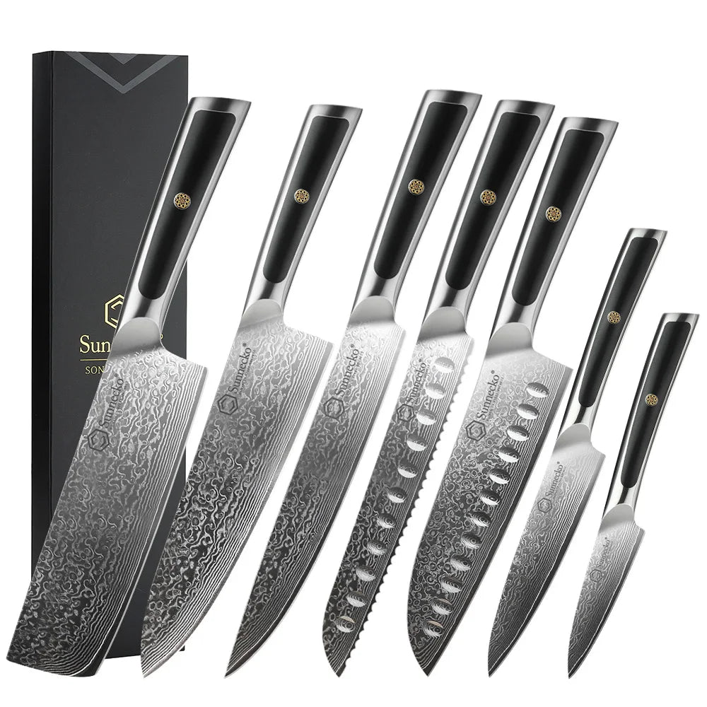 Sunnecko 7-Pc Damascus Chef Knife Set | VG10 Steel HRC60+ Damascus Knife Set Axl 7PCS Knives Set China Mainland