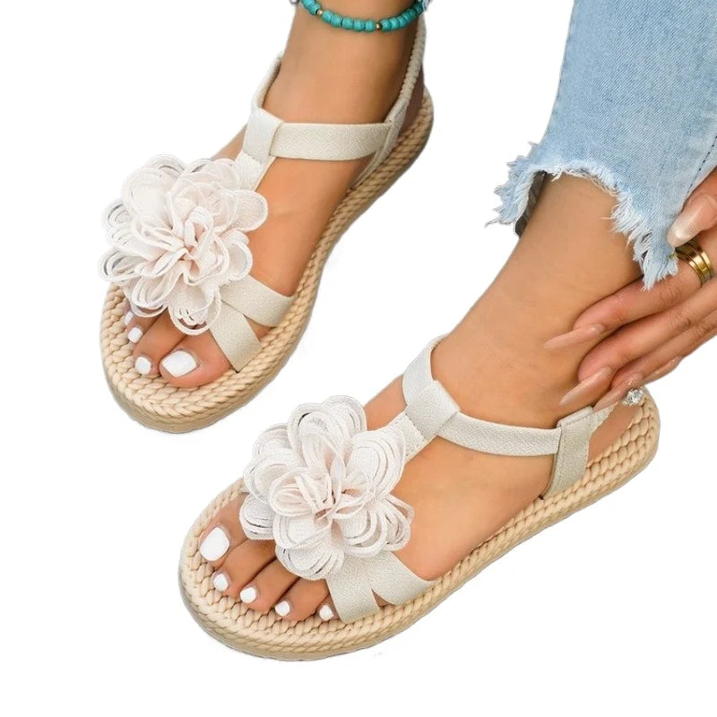 Women's Floral Roman Sandals – Flat Ankle Strap Beach Shoes Women's Flat Sandals Axl