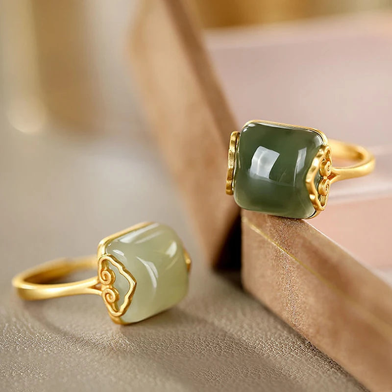 Vintage Auspicious Clouds Imitation Jade Adjustable Ring Women Adjustable Fashion Ring Axl