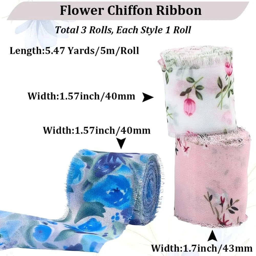 Flower Pattern Polyester Ribbon Set – 3 Rolls Fringe Raw Edge Craft Ribbon Set Axl