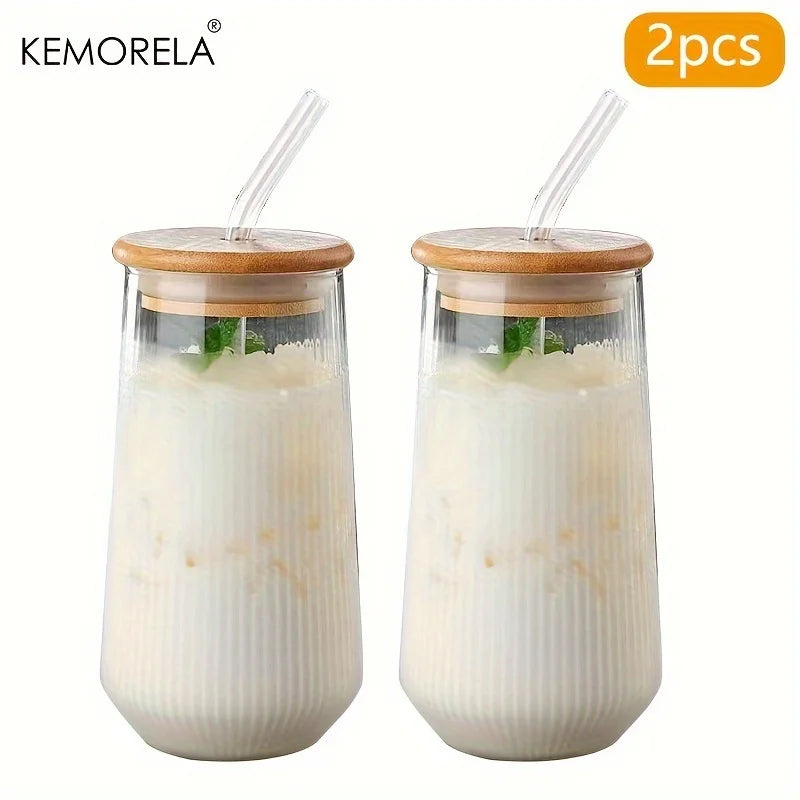 KEMORELA Vertical Striped Glass with Lid & Straw | 1 or 2 Pack Striped Drinking Glass Axl 2PCS 301-400ml