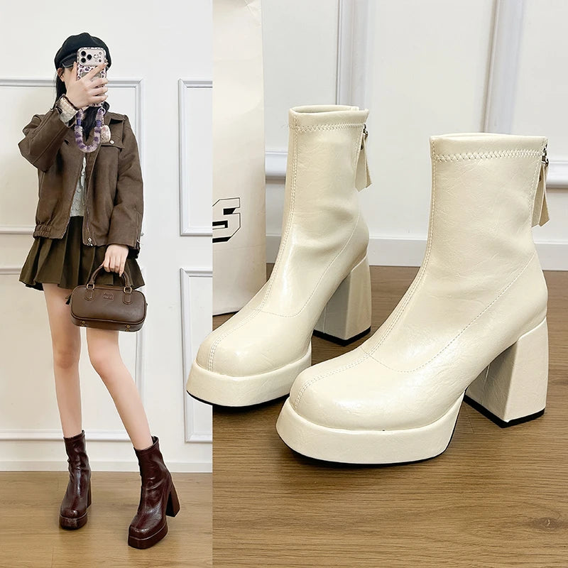 Women's Block Heel Ankle Boots | Square Toe Zip-Up Fashion Boots Women's Ankle Boots Axl