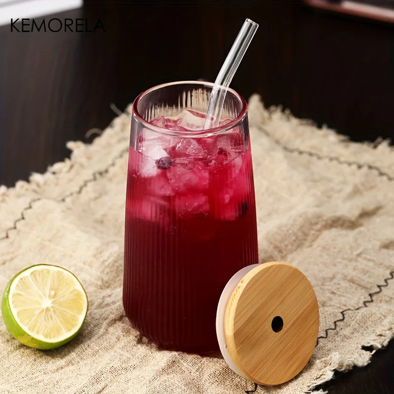 KEMORELA Vertical Striped Glass with Lid & Straw | 1 or 2 Pack Striped Drinking Glass Axl