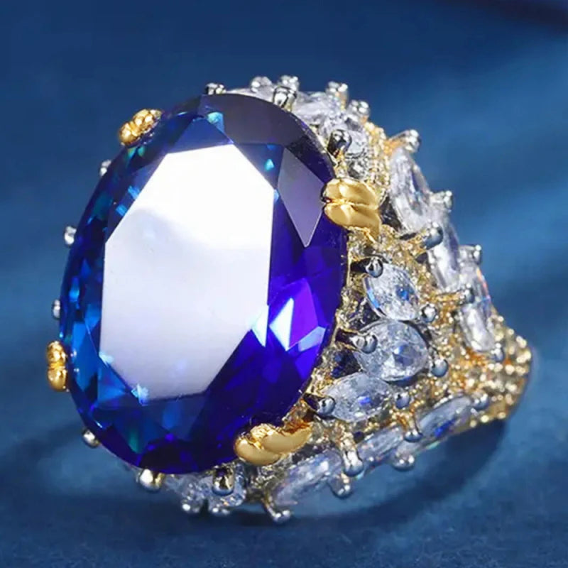 Huitan Oval Blue CZ Two-Tone Women's Wedding Band Ring CZ Wedding Ring Axl A257 10