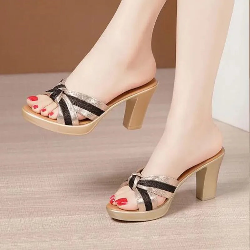Women's Stripe Bow Block Heel Platform Slides | Summer Slippers Platform Heel Slides Axl 35 gold
