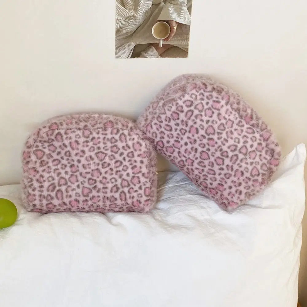 Fuzzy Leopard Print Makeup Bag – Large Travel Cosmetic Pouch Cosmetic Makeup Bag Axl