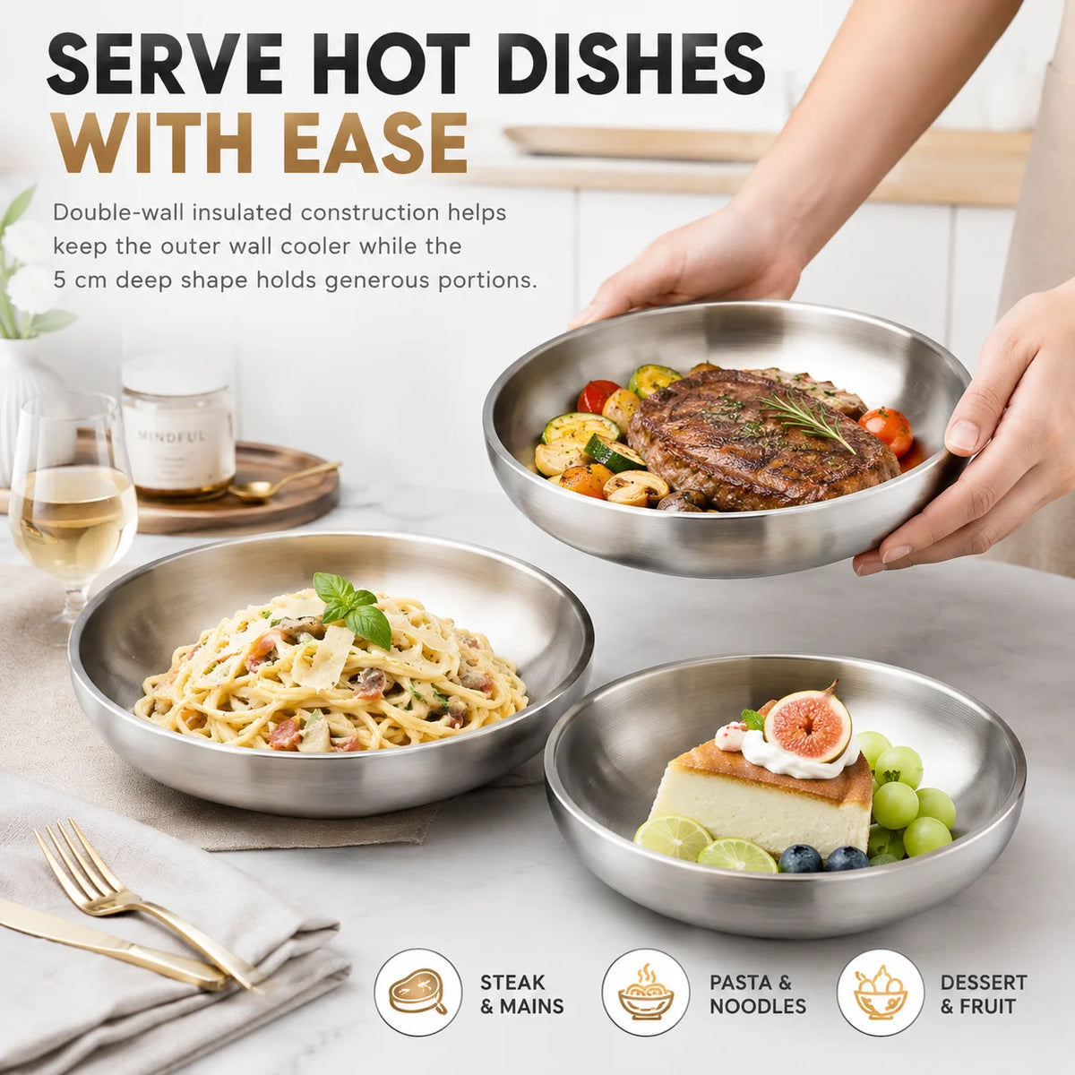 Double Wall Insulated Stainless Steel Dinner Plates | 3 Sizes Insulated Dinner Plate Axl
