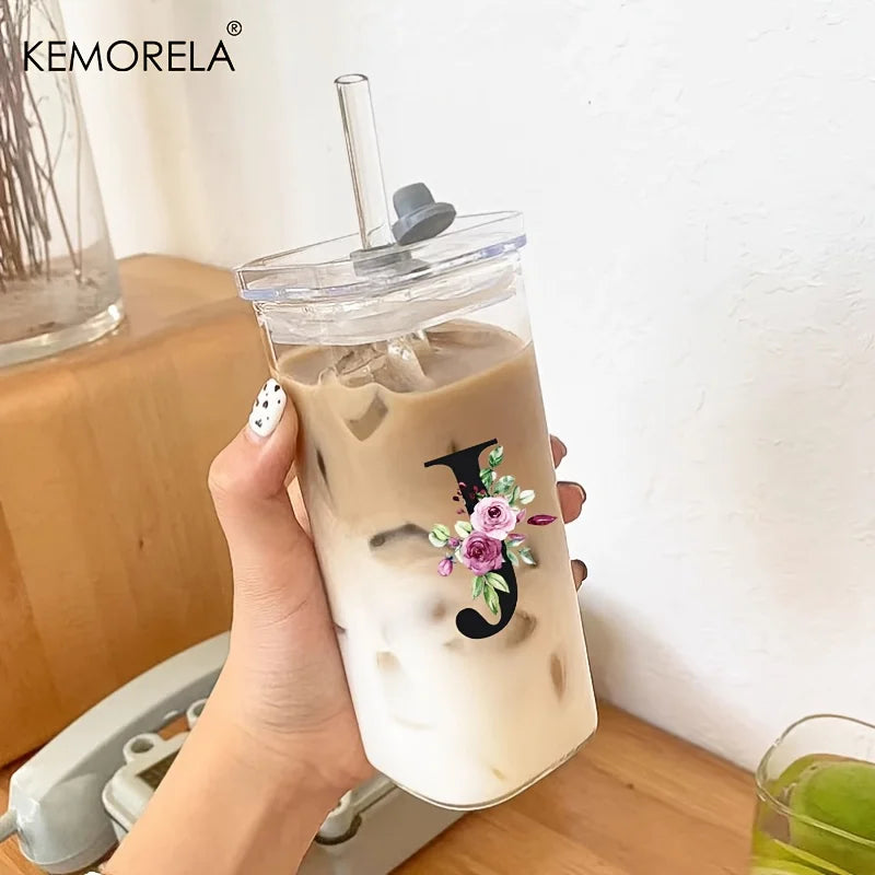 KEMORELA 300ml Letter-Shaped Glass Tumbler with Lid & Straw Glass Tumbler Axl