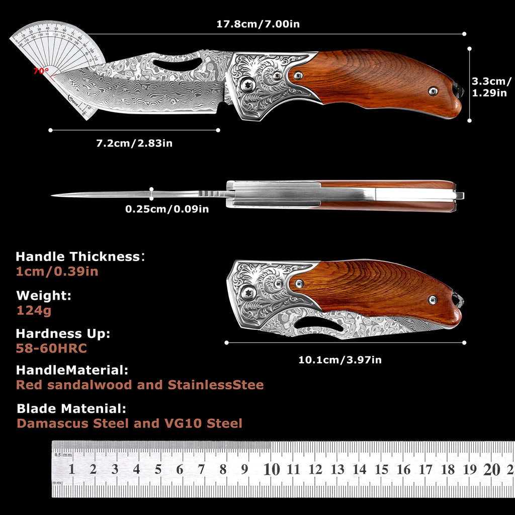 67-Layer Damascus Folding Pocket Knife – Wood Handle EDC Damascus Folding Knife Axl