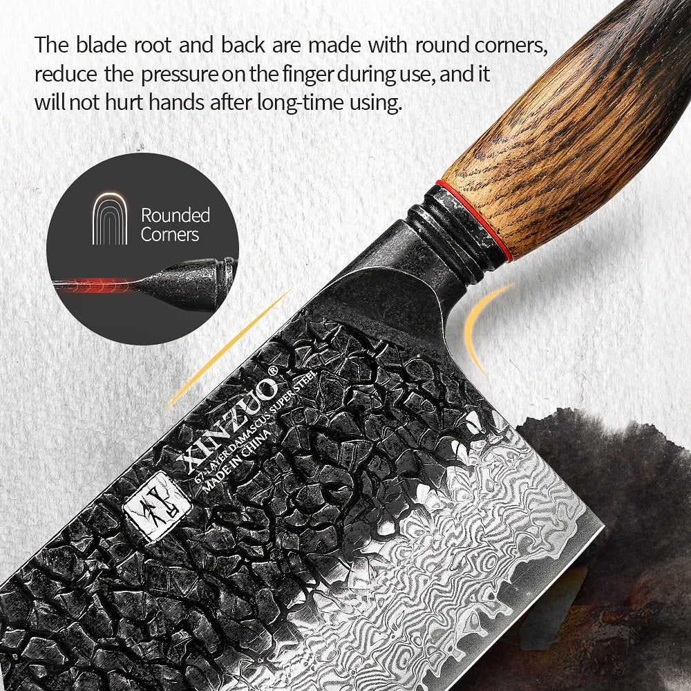 XINZUO 7.2" 67-Layer Damascus Steel Cleaver Knife | Mo Series Damascus Cleaver Knife Axl