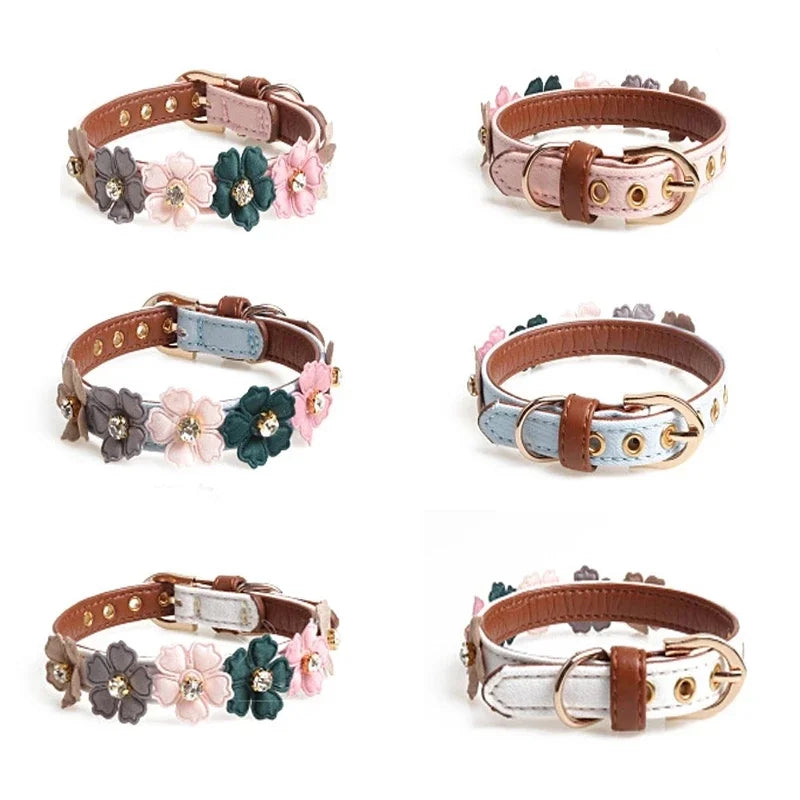 Rhinestone Flower Dog Cat Collar – Adjustable PU Leather Chain Pet Collar Axl