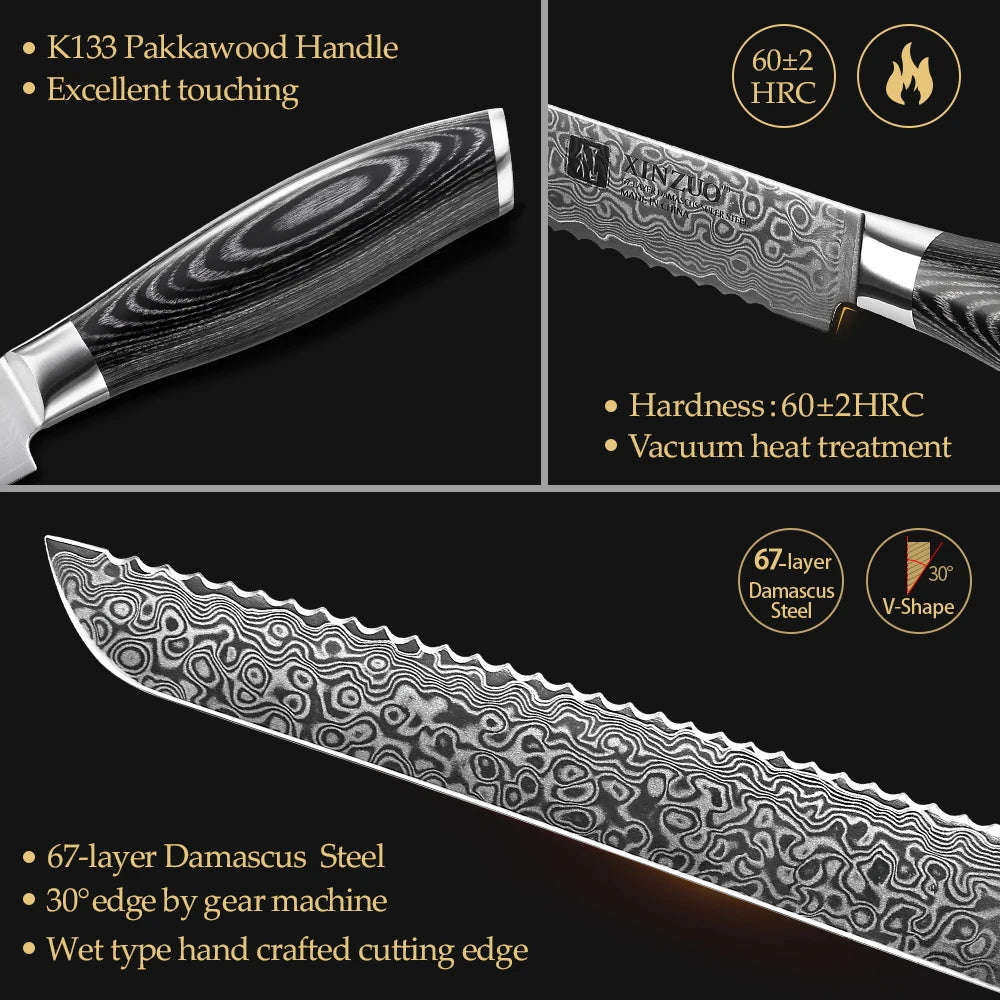 XINZUO 8" Damascus Bread Knife – 67-Layer Steel Pakkawood Damascus Bread Knife Axl