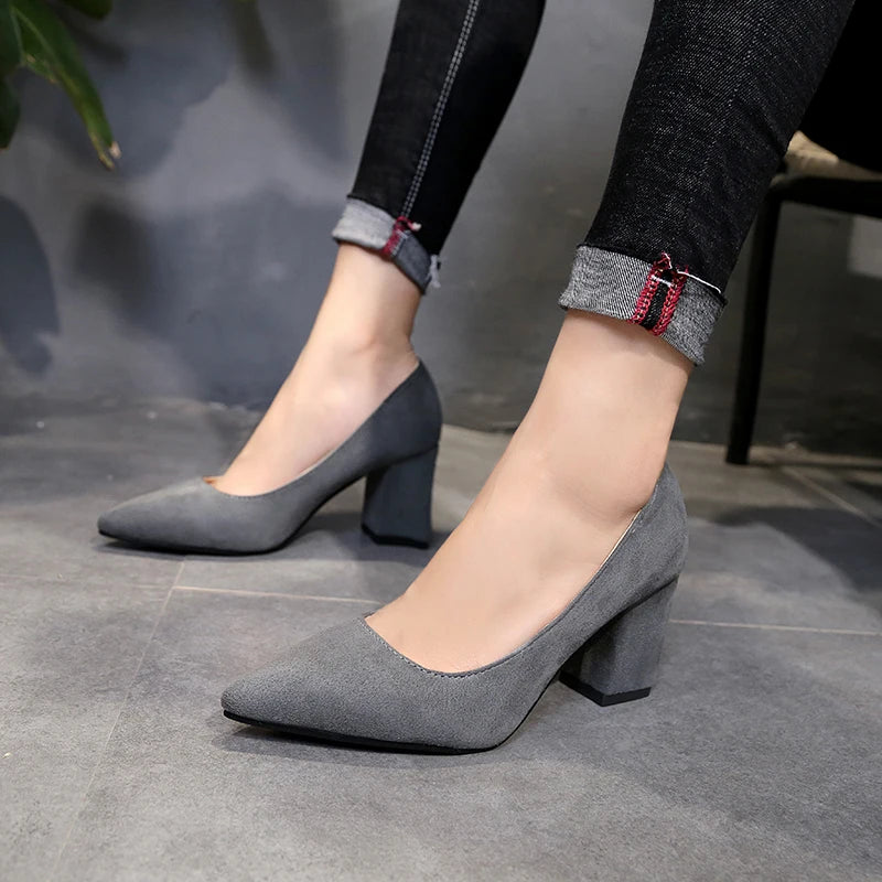 Women's Chunky Heel Pumps – Retro Pointed Toe Office Heels Chunky Heel Pumps Axl