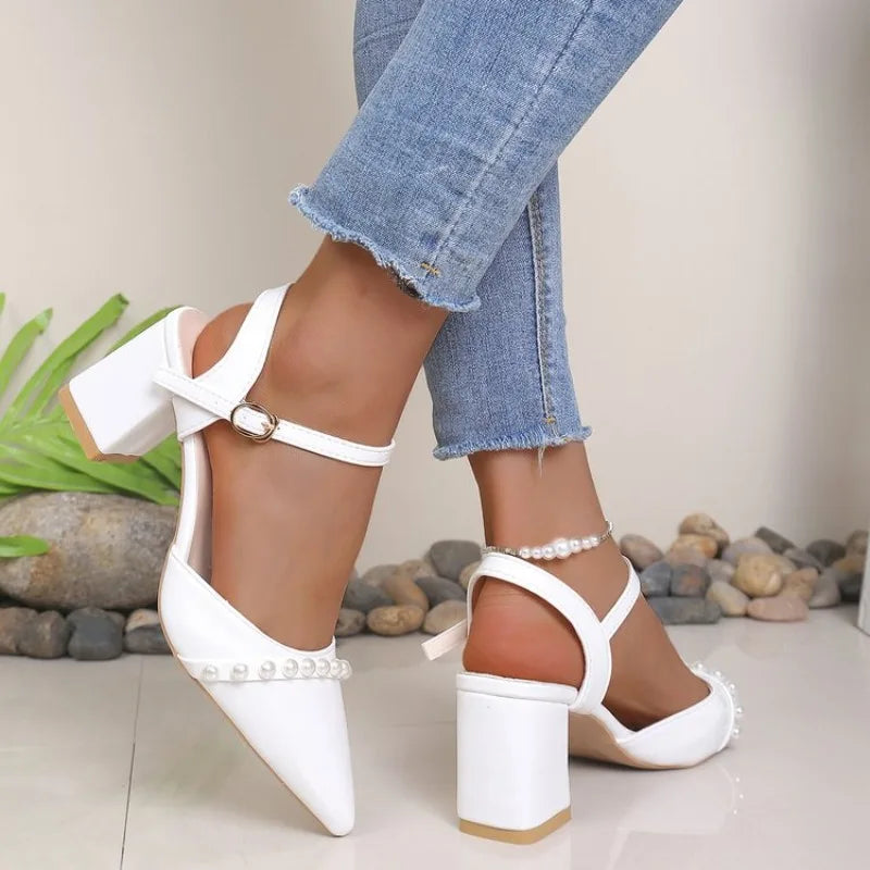 Women's Rhinestone Block Heel Cutout Sandals – Pointed Toe Block Heel Sandals Axl