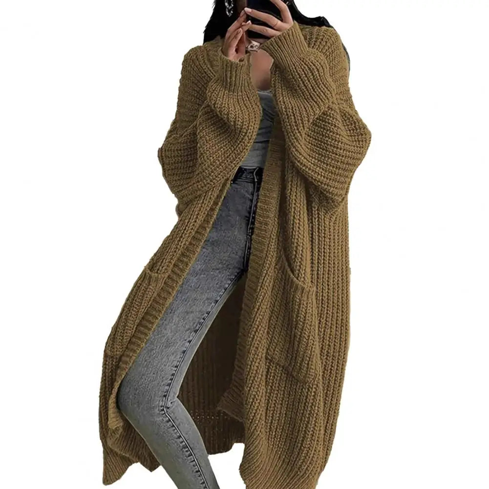 Women's Open Front Long Knit Cardigan Coat with Pockets Knit Cardigan Coat Axl Khaki XL