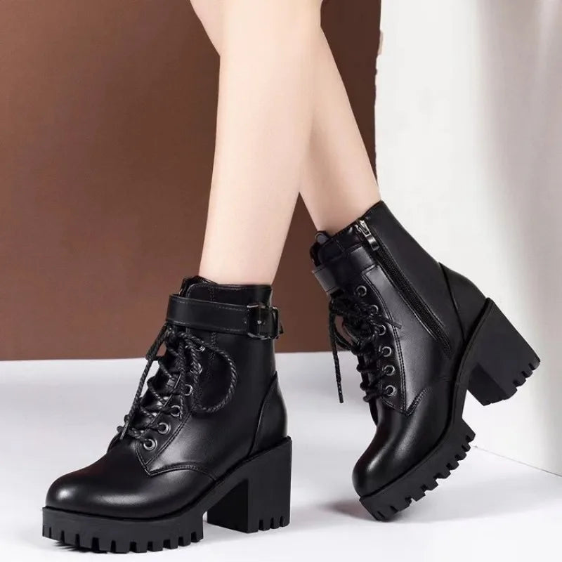 Women's Lace-Up Ankle Boots – Square Block Heel & Buckle Strap Ankle Boots Axl