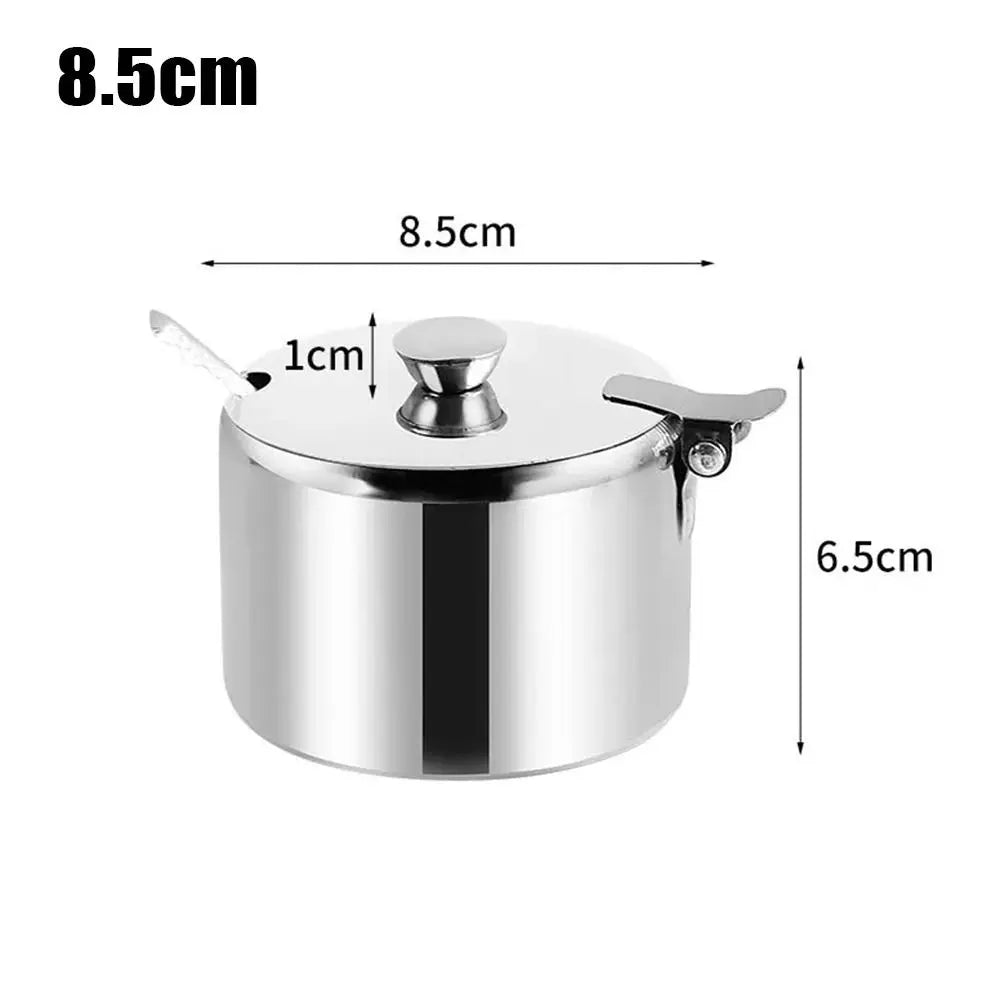 Stainless Steel Sugar Pot with Lid & Spoon | Salt Jam Jar Condiment Storage Jar Axl 8.5cm