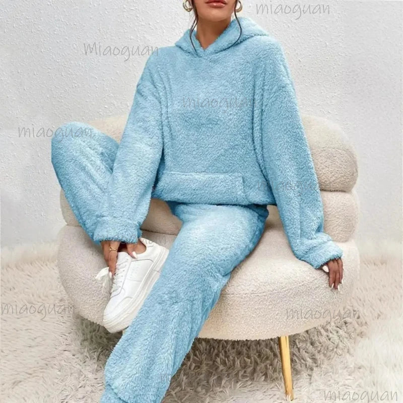 Women's Fuzzy Fleece Pajama Set – Plush Hoodie & Lounge Pants Women's Pajama Set Axl Blue XS