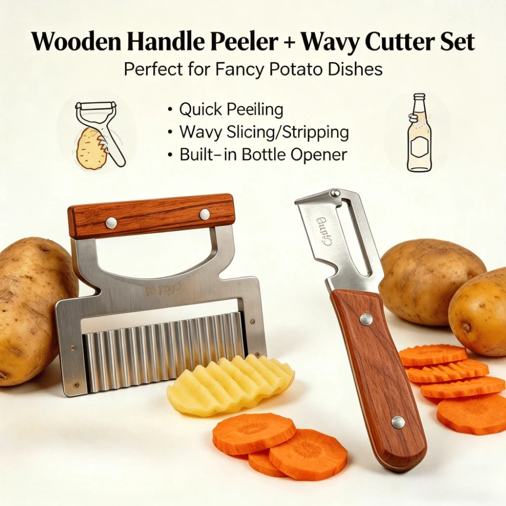 Wooden Handle Peeler & Wavy Cutter Set – Stainless Steel Kitchen Peeler Set Axl
