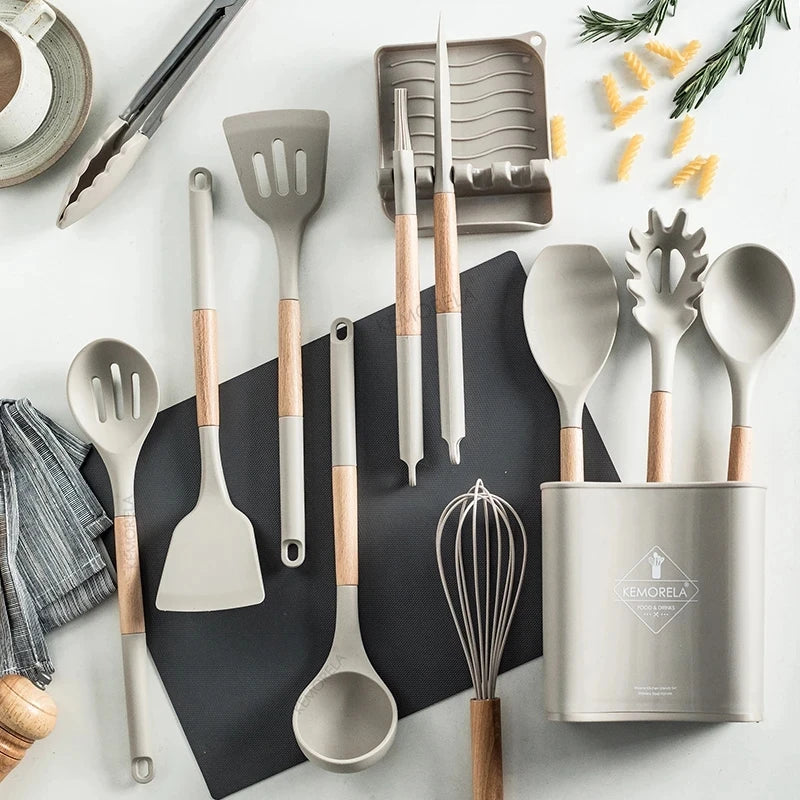 KEMORELA 10/13 PCS Silicone Kitchen Utensil Set Wooden Handle Silicone Utensil Set Axl