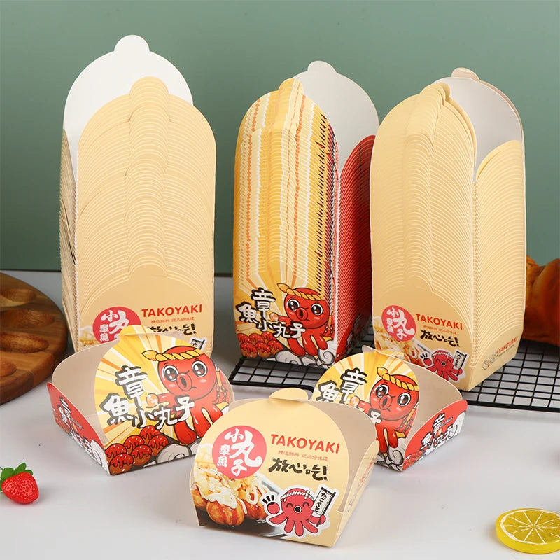 50-Pack Takoyaki Boxes – Disposable Octopus Ball Packaging Disposable Food Box Axl