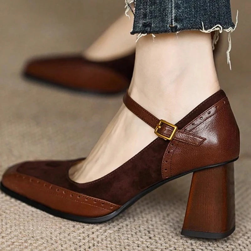 Women's Black Square Toe Chunky Heel Mary Jane Pumps Chunky Heel Pumps Axl 37 Brown