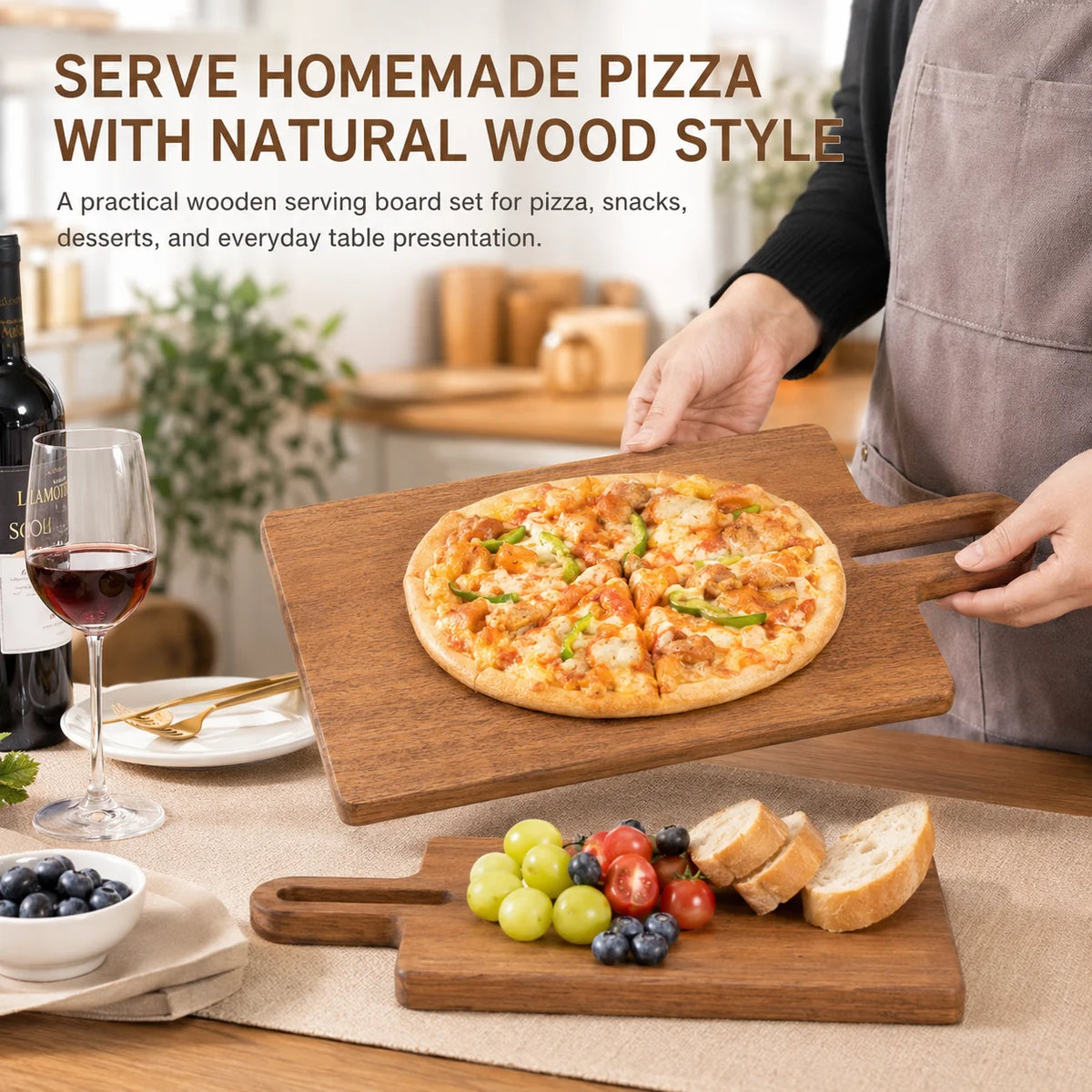 Wooden Cutting Board with Handle – Pizza & Cheese Serving Tray Wood Cutting Board Axl