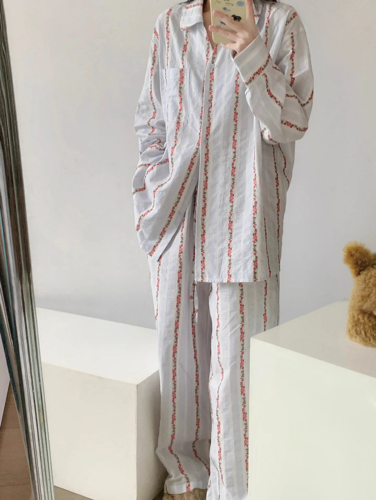 Women's Floral Striped Pajama Set – Soft Lapel Lounge Wear Women's Pajama Set Axl striped M