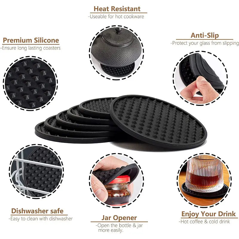 Silicone Drink Coasters Set of 6 with Holder | Dishwasher Safe Drink Coaster Set Axl