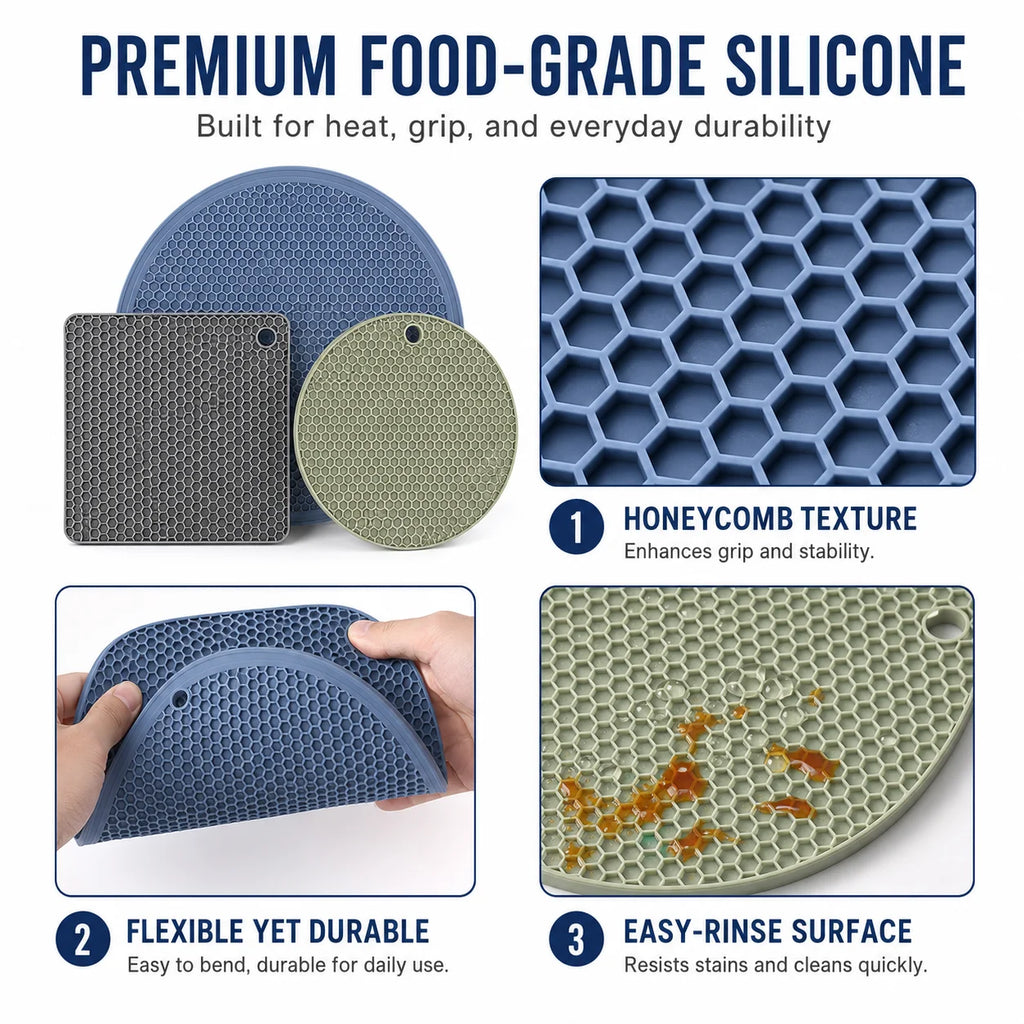 3-Piece Silicone Trivet Mat Set – Honeycomb Hot Pads & Jar Opener Silicone Trivet Set Axl