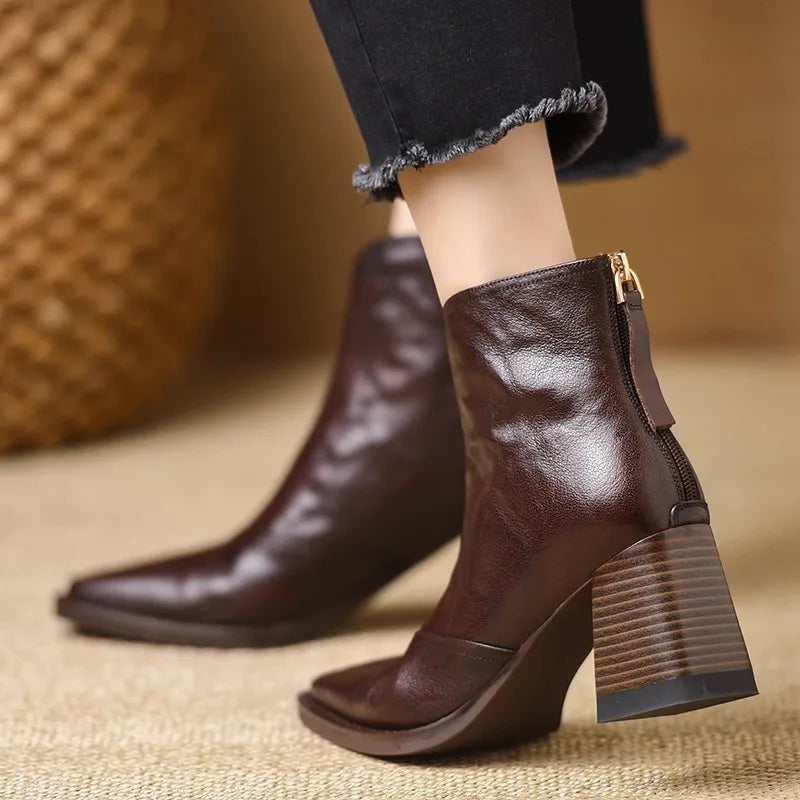 Women's Square Toe Ankle Boots | Block Heel Zipper PU Leather Ankle Boots Axl