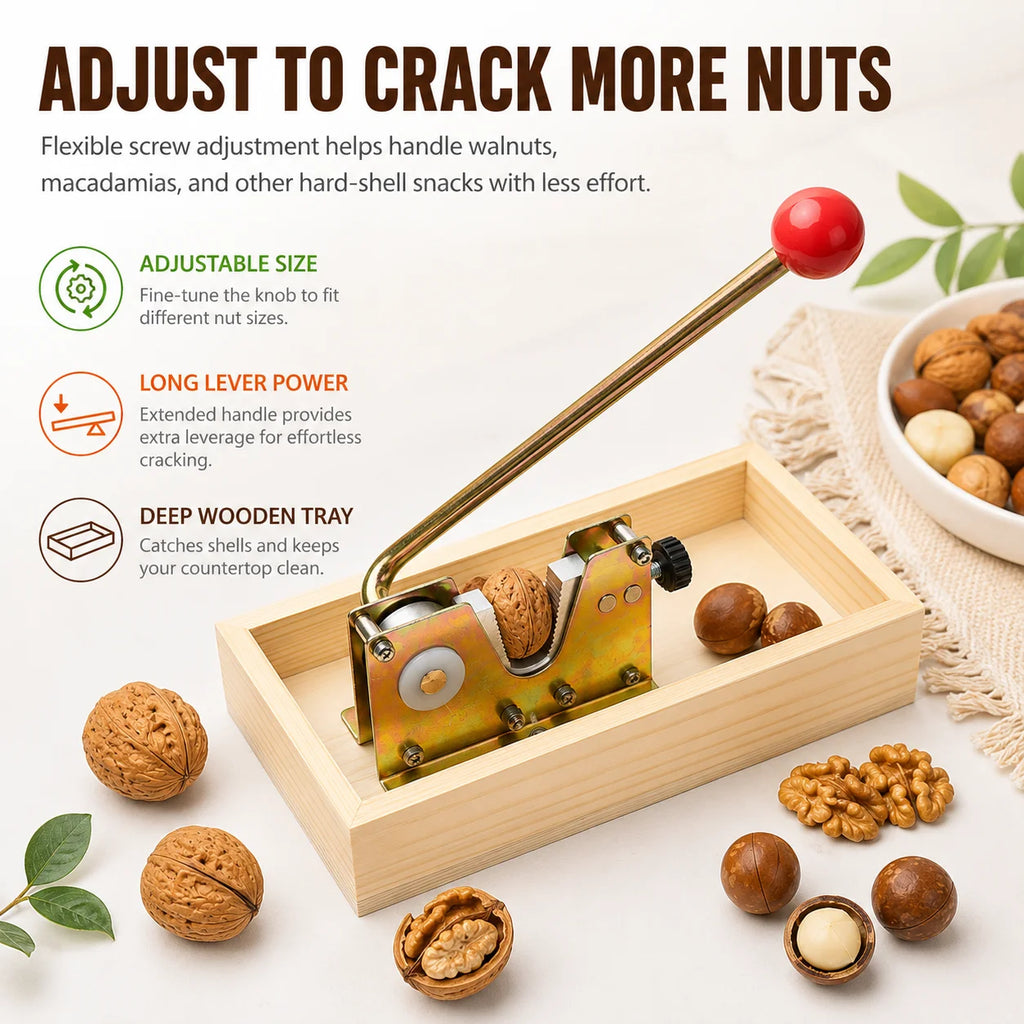 Heavy Duty Adjustable Nut Cracker with Wooden Base | Manual Tool Manual Nut Cracker Axl
