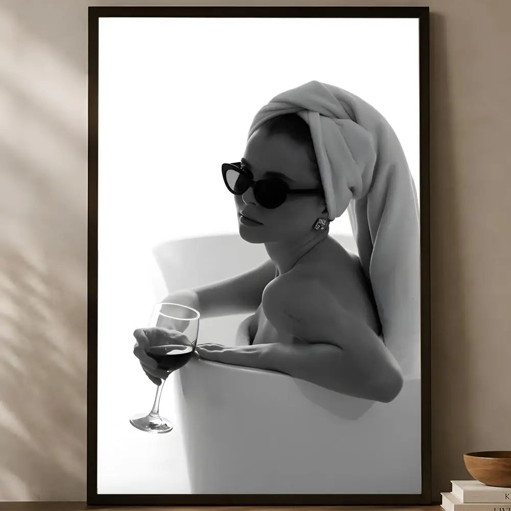 Woman Drinking Wine in Bathtub Poster – HD Self-Stick Wall Art Wall Art Poster Axl White02 15X20cmNoframe