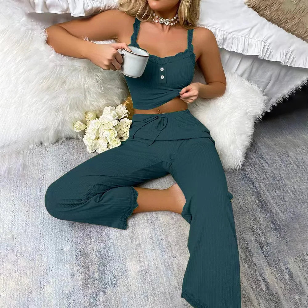 Women's Lace Trim 2-Piece Pajama Set – Soft Spaghetti Strap Sleepwear Pajama Set Axl forest green S