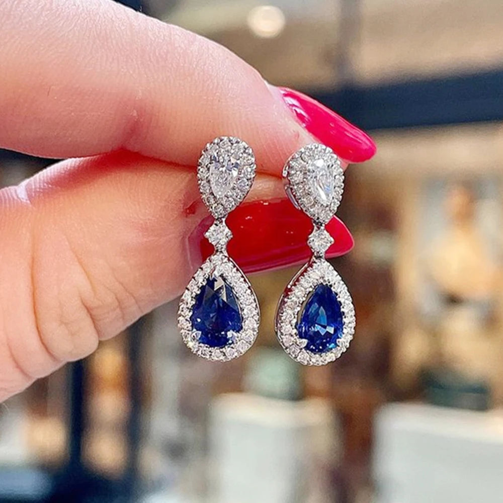 Huitan Water Drop CZ Earrings – Blue & White Cubic Zirconia Drop Earrings Axl